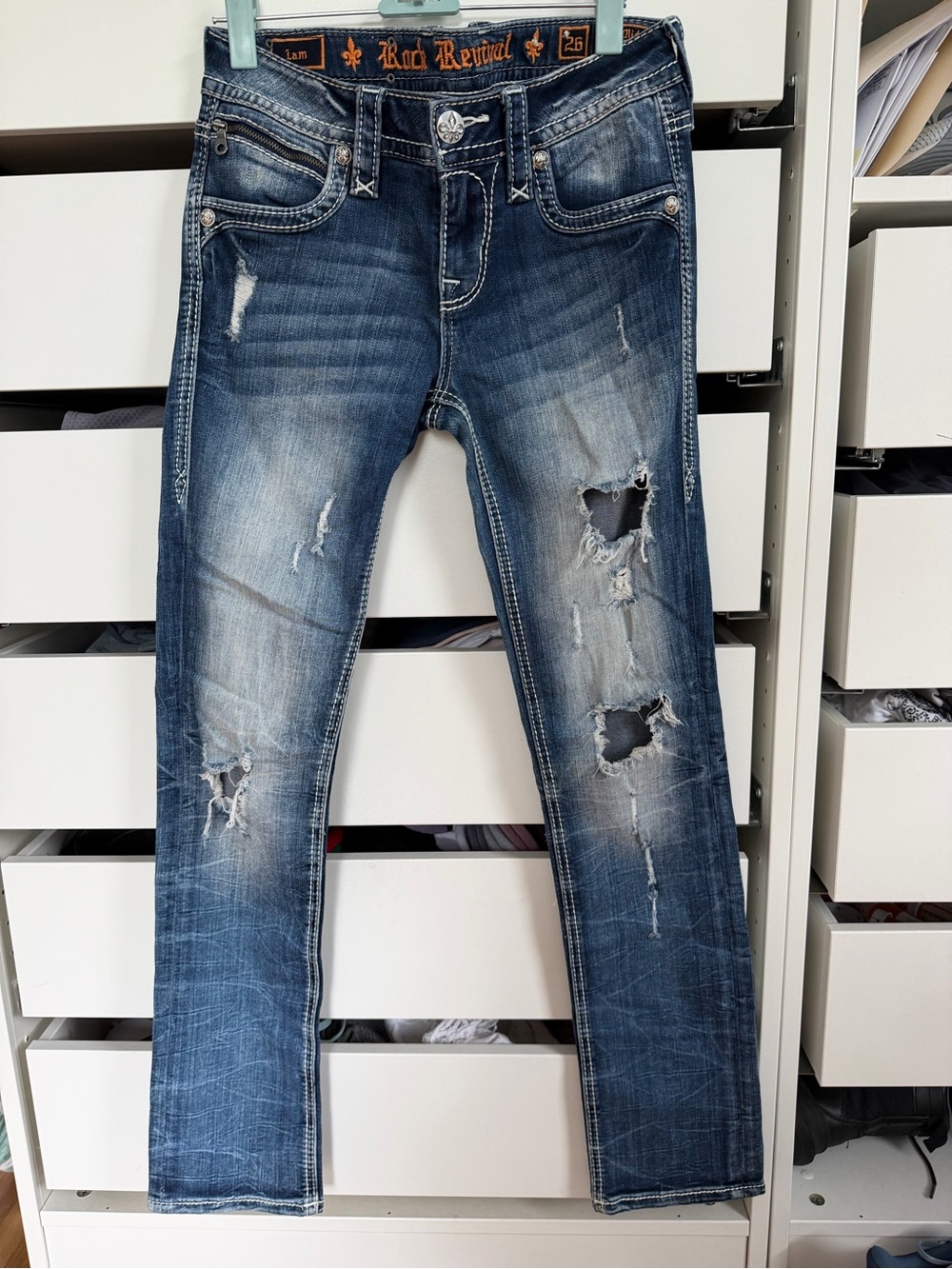 Rock Revival Womens Lam Mid Rise Straight Distressed Dark Blue Skinny Jeans